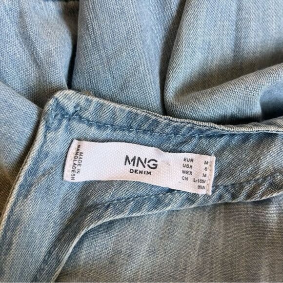 Mango Denim Tiered Smock Cotton Dress with Puff Sleeves in Blue Size 6 - Picture 4 of 11